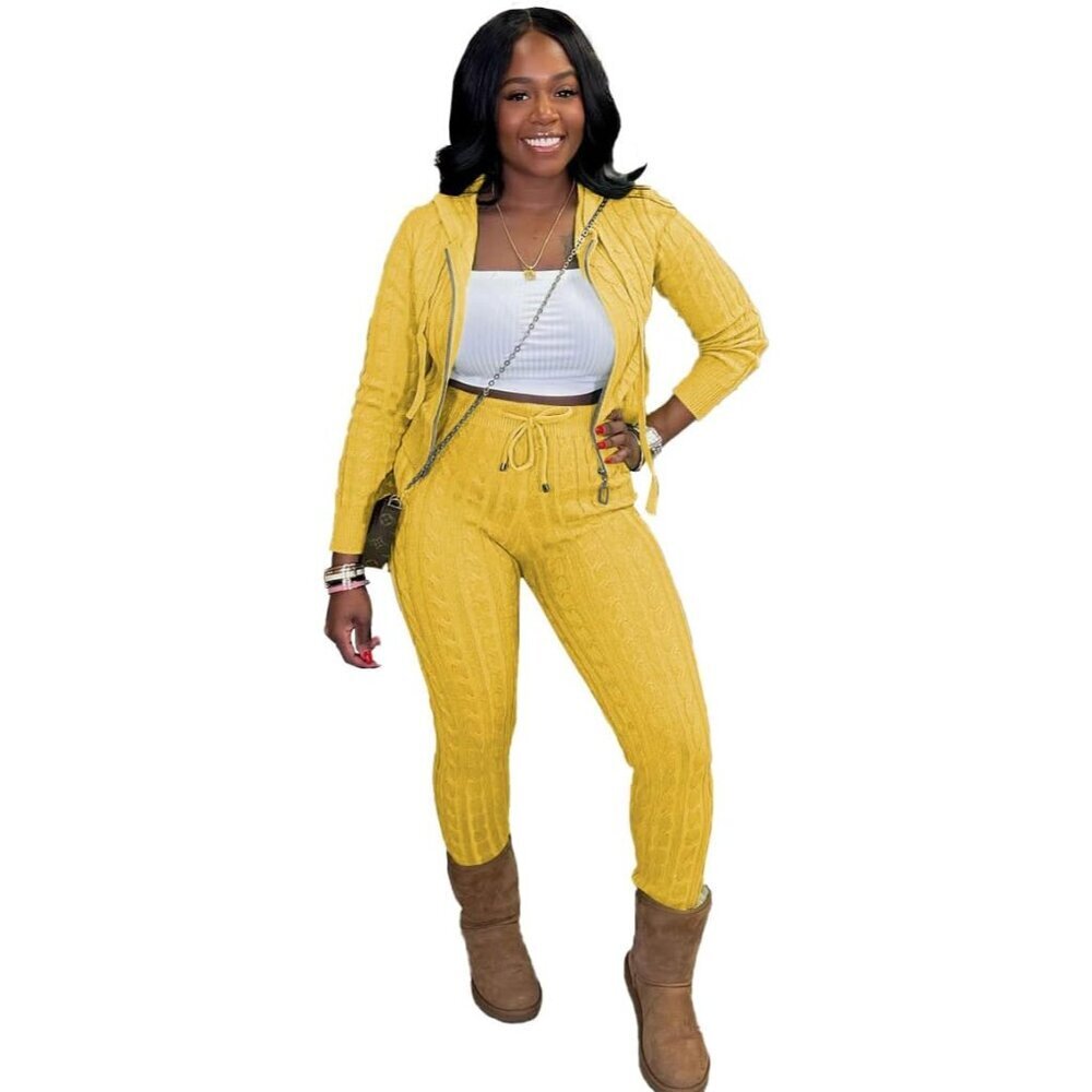 Women Two Piece Sweater Set Knit Hoodie & Pants Casual Lounge Wear